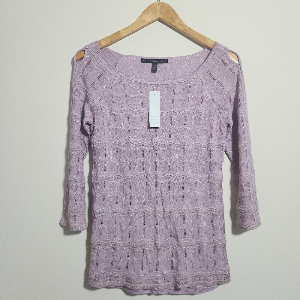 White House Black Market Lavender Metallic Knit Full Sleeve Cutout Top Size Smal